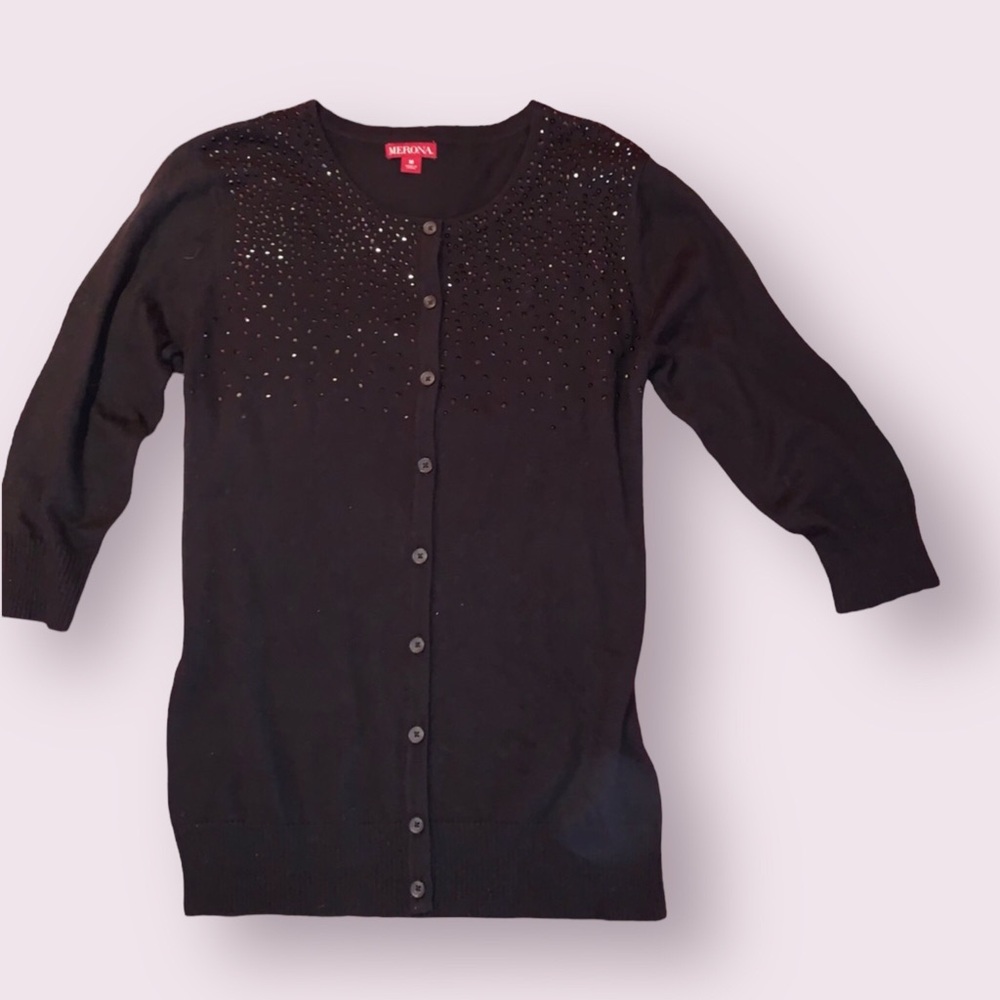 Black cardigan sweater with black rhinestone crystals sz Medium - Picture 2 of 4